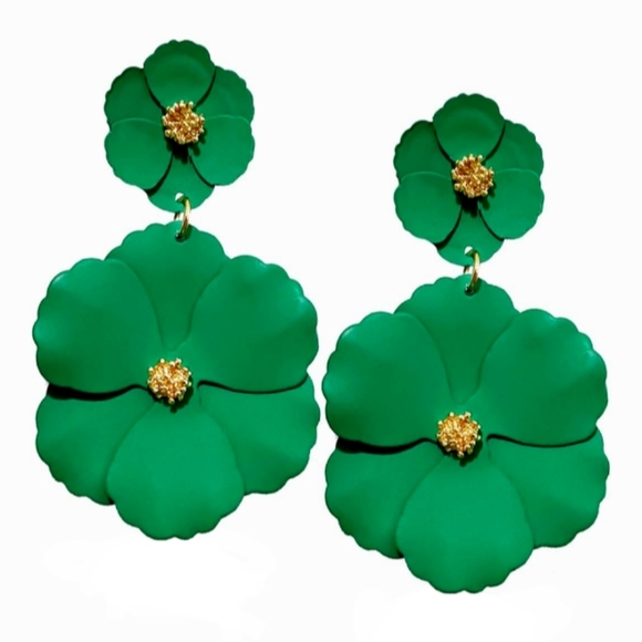 Green Double Flower Blossom Statement Earrings Big Floral Bloom Emerald Flowers - Picture 1 of 4